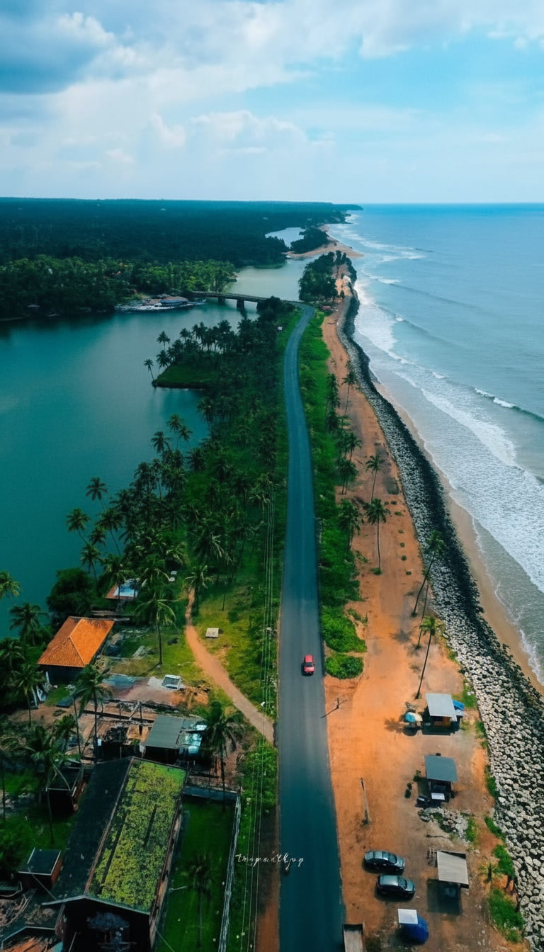 Traditional houseboat on Kerala backwaters with coconut palms